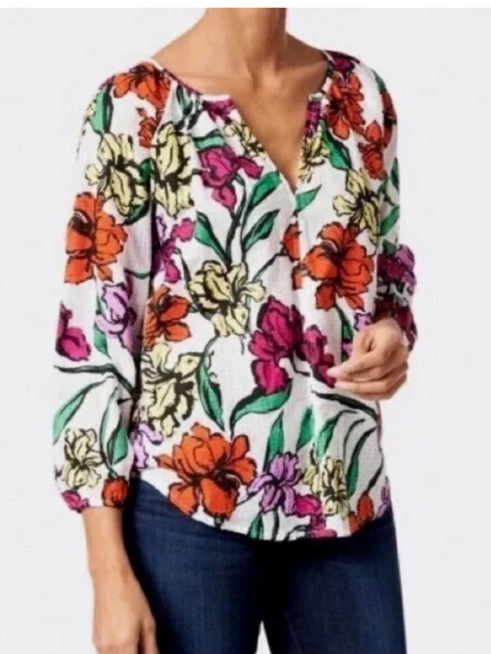 Roller Rabbit Lucy White Floral Split Round Neck Tunic Top Sz M 100% Cotton